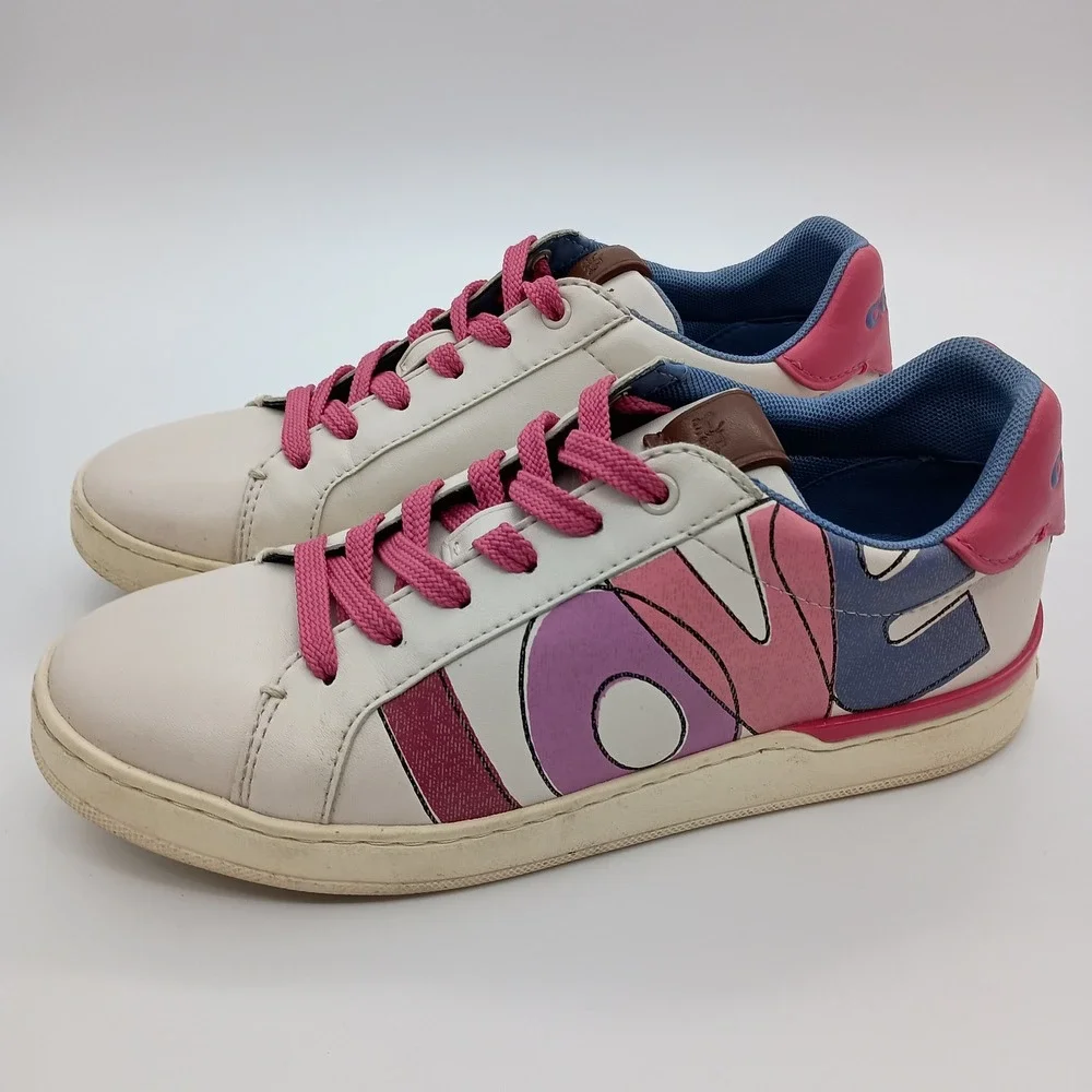 Coach G5101 Love Graphic Low Top Sneakers White Pink Blue‎ Womens 6B